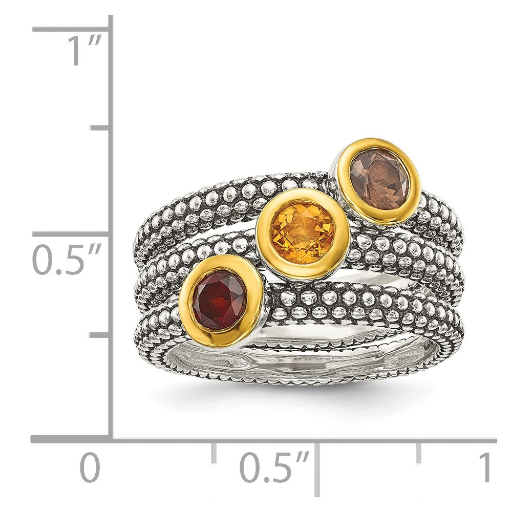 Shey Couture Sterling Silver Gold-tone Flash Gold-plated Antiqued Round Bezel .30Garnet/.20Citrine/.20Smoky Quartz 3 Stackable Rings