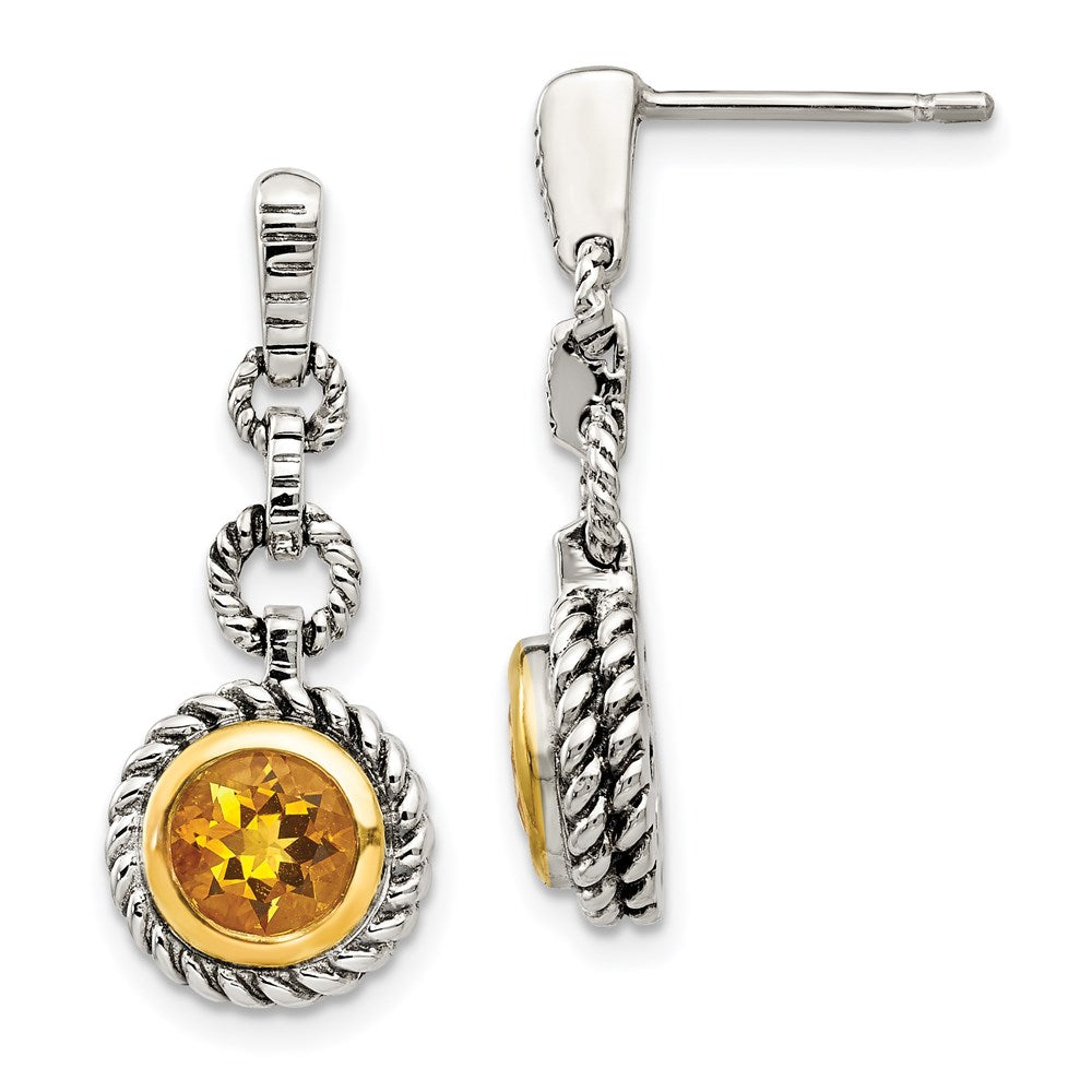 Shey Couture Antiqued Sterling Silver with14K Gold-plated Accent Round Bezel Citrine Post Dangle Earrings