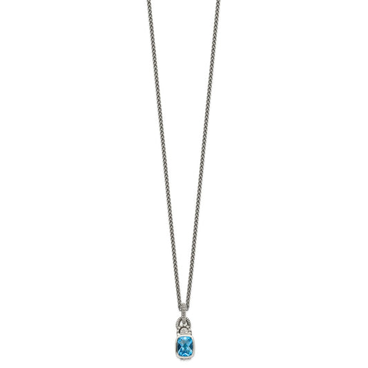 Shey Couture Sterling Silver 18 Inch Antiqued Cushion Bezel Sky Blue Topaz and Diamond Necklace