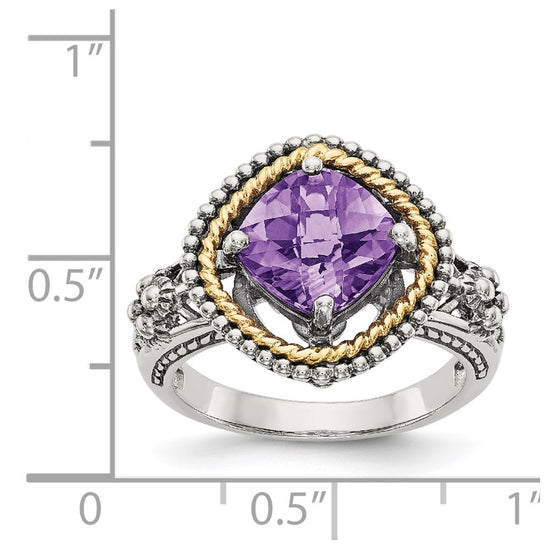 Shey Couture Sterling Silver with 14K Accent Antiqued Checkerboard-cut Cushon Amethyst Ring