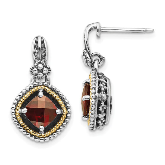 Shey Couture Sterling Silver with 14K Accent Antiqued Checkerboard Cushion Garnet Post Dangle Earrings