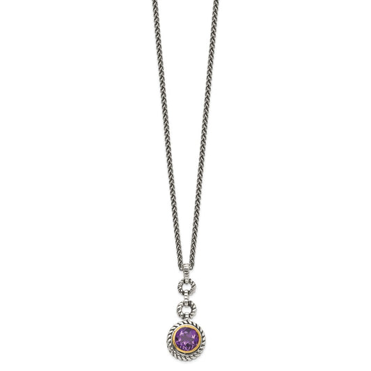 Shey Couture Sterling Silver Gold-tone Flash Gold-plated 18 Inch Antiqued Round Bezel Amethyst Necklace