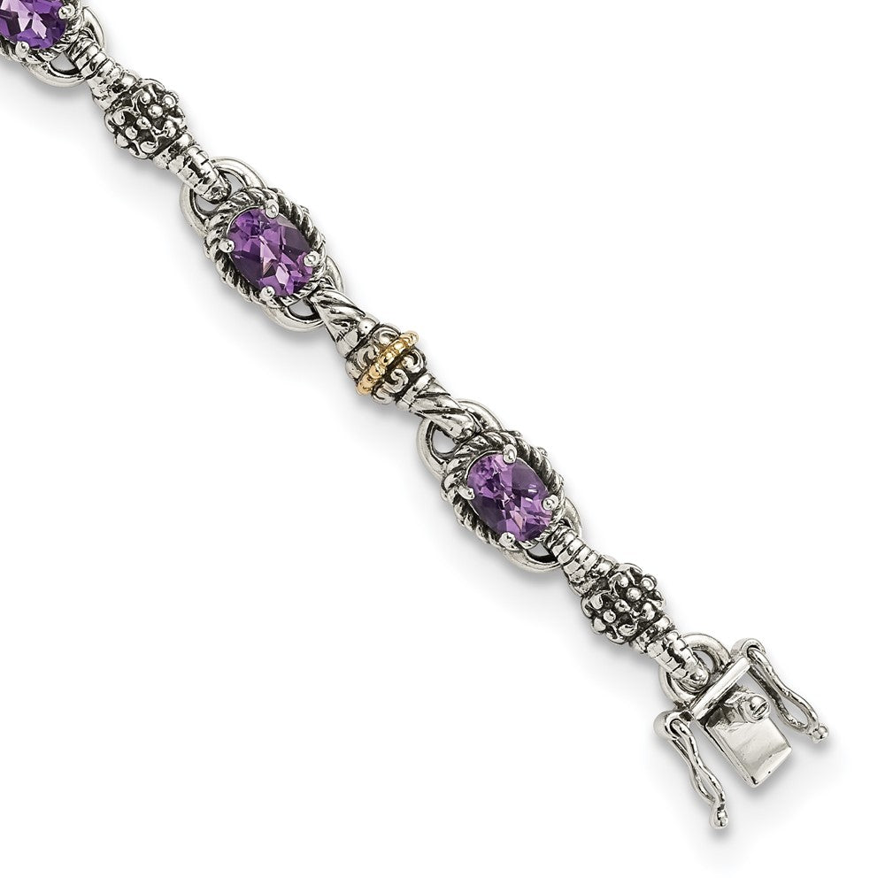 Sterling Silver w/14k Accent Antiqued Oval Gemstone Bracelets