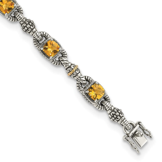 Sterling Silver w/14k Accent Antiqued Cushion Gemstone Bracelets