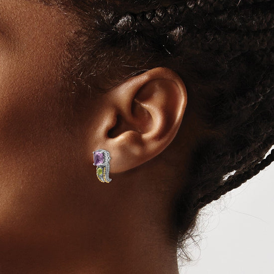 Shey Couture Sterling Silver with 14K Accent Antiqued Cushion 1.50 Amethyst and .24 Peridot Post Earrings