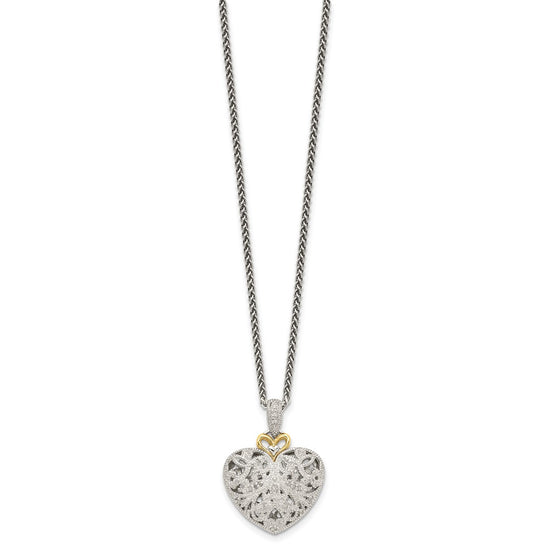Shey Couture Sterling Silver Antiqued with 14K Accent 18 Inch Diamond Vintage Heart Necklace