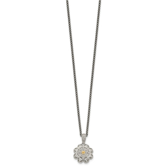 Shey Couture Sterling Silver Antiqued with 14K Accent 18 Inch Diamond Vintage Flower Necklace