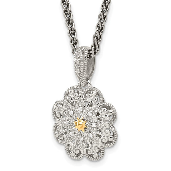 Shey Couture Sterling Silver Antiqued with 14K Accent 18 Inch Diamond Vintage Flower Necklace