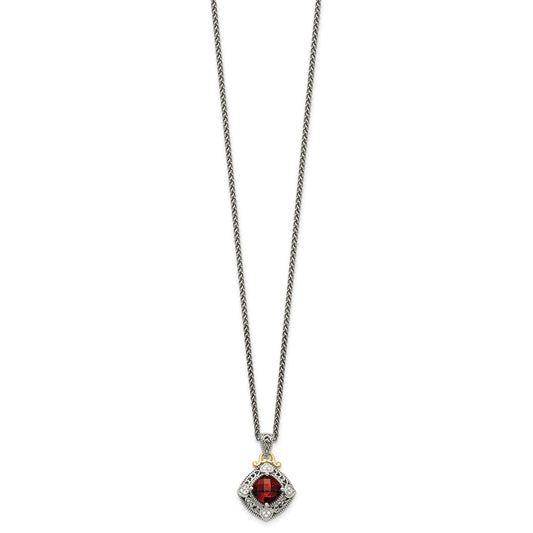 Shey Couture Sterling Silver with 14K Accent 18 Inch Antiqued Diamond and Cushion Checkerboard Garnet Necklace