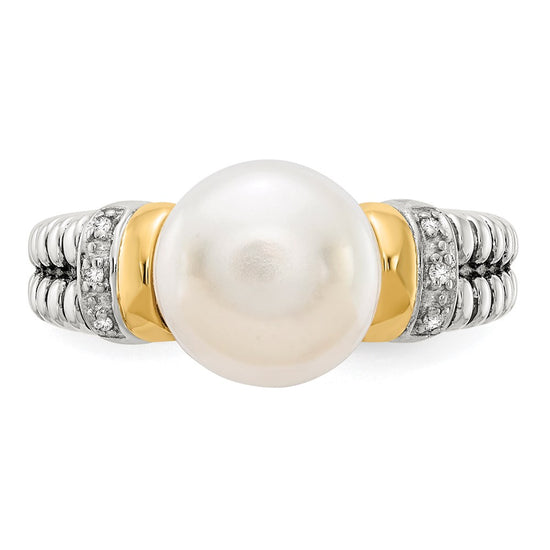 Shey Couture Sterling Silver with 14K Accent Antiqued Diamond and 9.5-10mm Freshwater Cultured Pearl Ring