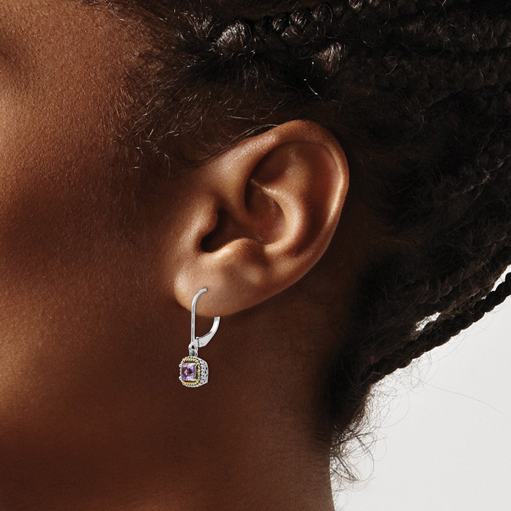 Shey Couture Sterling Silver with 14K Accent Antiqued Cushion Amethyst Leverback Dangle Earrings