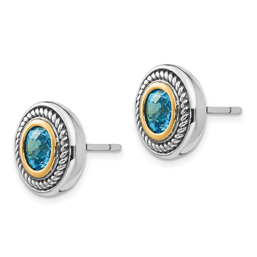 Shey Couture Sterling Silver with 14K Accent Antiqued Round Blue Topaz Post Earrings