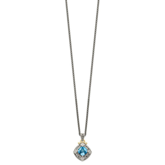 Shey Couture Sterling Silver with 14K Accent 18 Inch Antiqued Diamond and Cushion Blue Topaz Necklace