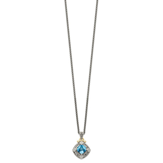 Shey Couture Sterling Silver with 14K Accent 18 Inch Antiqued Diamond and Cushion Blue Topaz Necklace