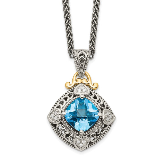 Shey Couture Sterling Silver with 14K Accent 18 Inch Antiqued Diamond and Cushion Blue Topaz Necklace