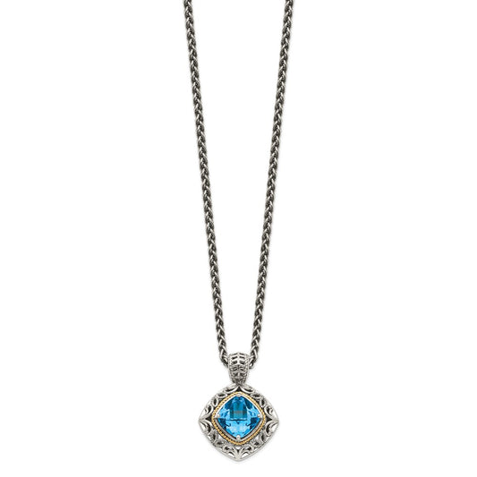 Shey Couture Sterling Silver with 14K Accent 18 Inch Antiqued Cushion Blue Topaz Necklace