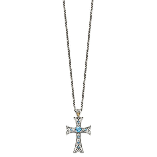 Shey Couture Sterling Silver Rhodium-plated with 14K Accent 18 Inch Antiqued Round Blue Topaz Cross Necklace