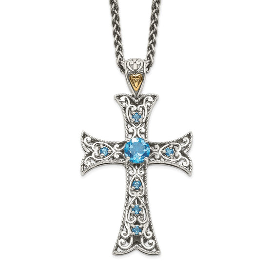 Shey Couture Sterling Silver Rhodium-plated with 14K Accent 18 Inch Antiqued Round Blue Topaz Cross Necklace
