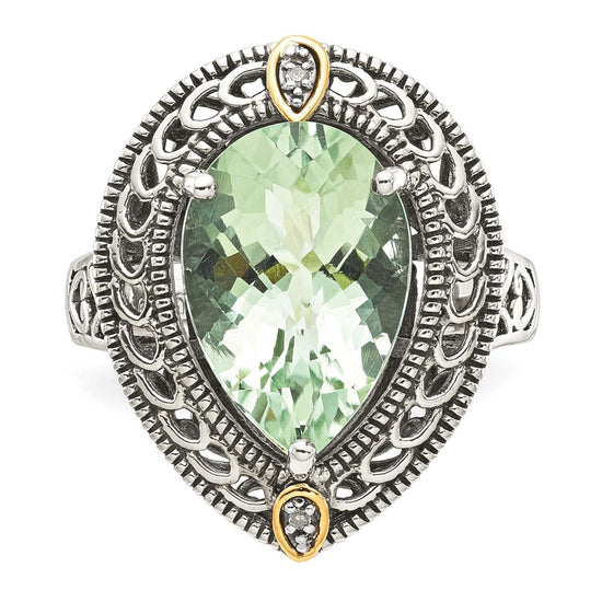 Shey Couture Sterling Silver with 14K Accent Antiqued Diamond and Pear Shaped Green Quartz Ring