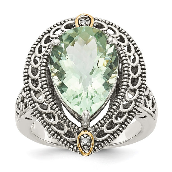 Shey Couture Sterling Silver with 14K Accent Antiqued Diamond and Pear Shaped Green Quartz Ring