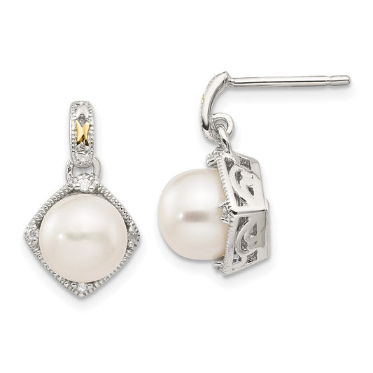 Shey Couture Sterling Silver Rhodium-plated with 14K Accent 7.5-8mm Freshwater Cultured Pearl and Diamond Dangle Post Earrings