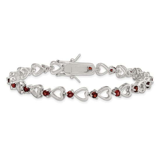 Sterling Silver Rhodium-plated Garnet Heart Bracelet