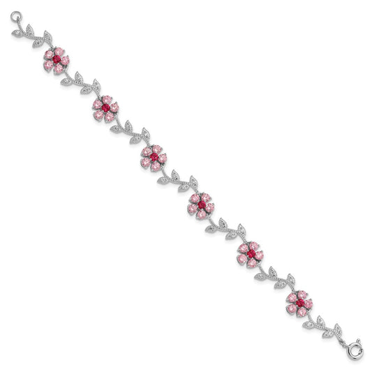 Sterling Silver Rhod-plated 7.5in Pink and Clear CZ Flower Bracelet