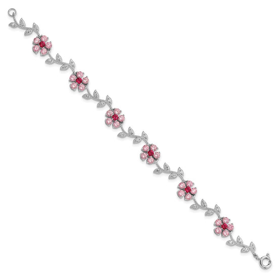 Sterling Silver Rhod-plated 7.5in Pink and Clear CZ Flower Bracelet