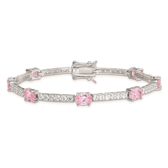 Sterling Silver Rhodium-plated 7inch Pink and Clear CZ Bracelet