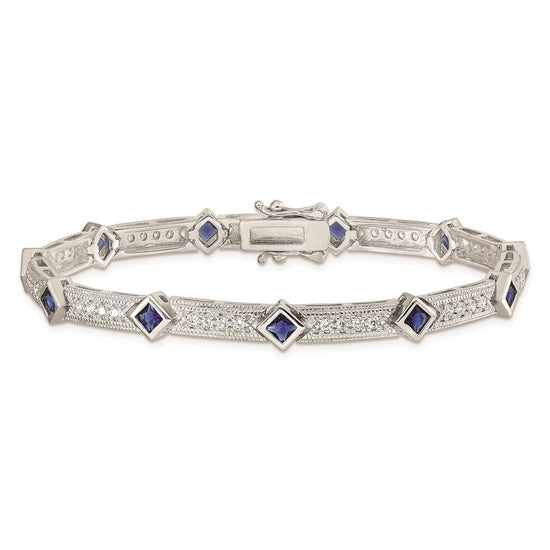 Sterling Silver Rhodium-plated Blue Glass and CZ 7.75 inch Bracelet