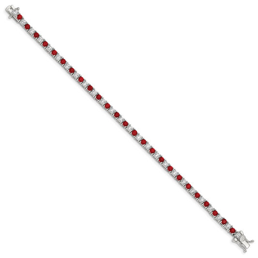 Sterling Silver Rhodium-plated Red Glass and CZ  7 inch Bracelet