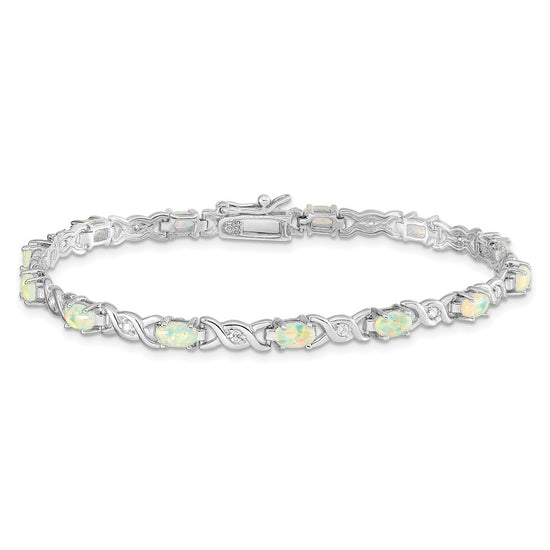 Sterling Silver Rhodium-plated White Created Opal and CZ 7.5inch Bracelet