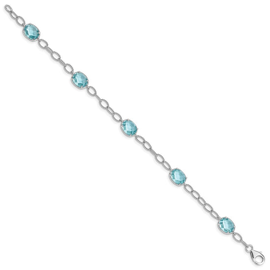 Sterling Silver Rhodium-plated Aqua Blue CZ Textured Link Bracelet