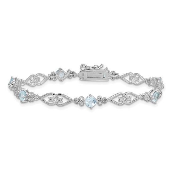 Sterling Silver Rhodium-plated Diamond Aquamarine Bracelet