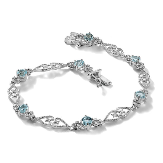 Sterling Silver Rhodium-plated Diamond Aquamarine Bracelet