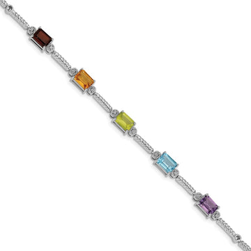 Sterling Silver Rhodium-plated Multi Gemstone & Diamond Tennis Bracelet