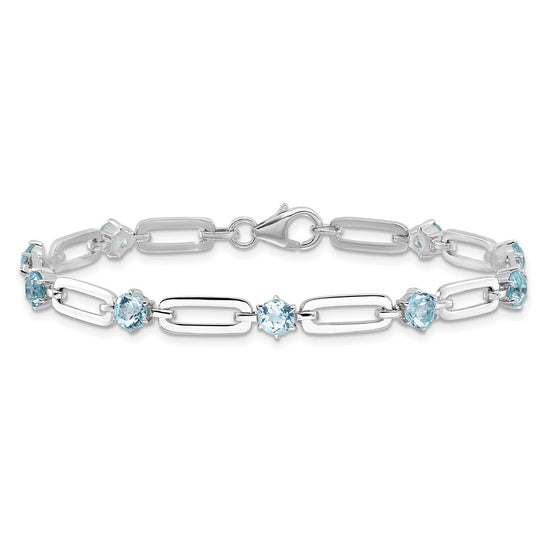 SS Rhod-plated 5mm 3.78BT Blue Topaz Paperclip Chain Bracelet