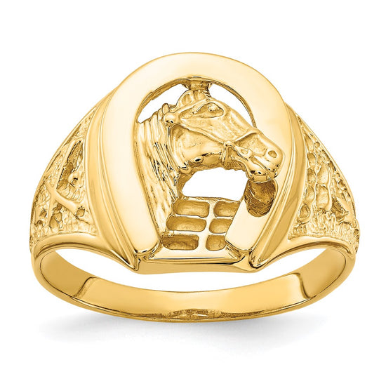14k Polished Horseshoe with Horse in Center Mens Ring