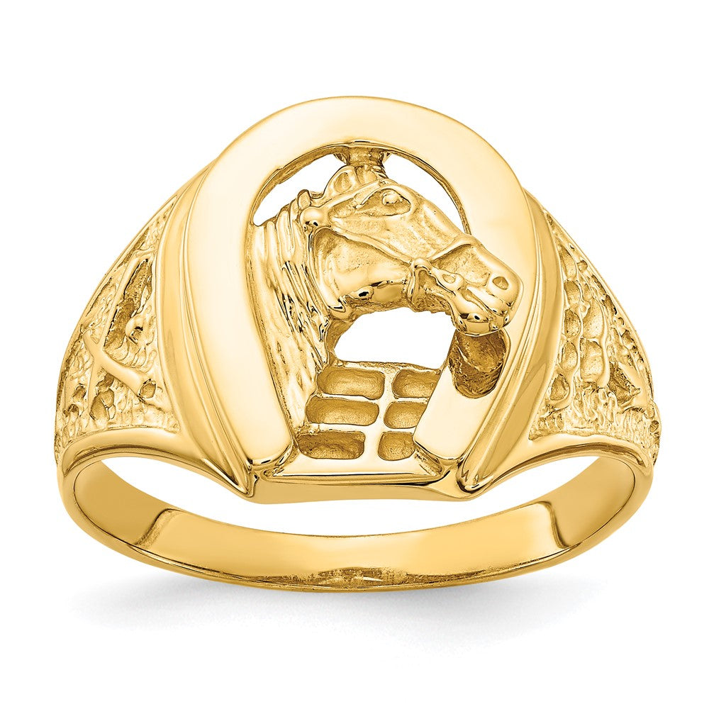 14k Polished Horseshoe with Horse in Center Mens Ring