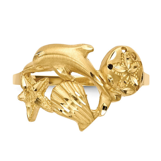 14k Polished and Satin Diamond-cut Dolphin/Starfish/Shell/Sand Dollar Ring