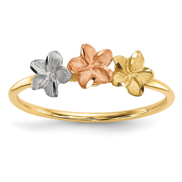 14k Two-tone with White Rhodium Polished and Satin 3 Plumeria Flowers Ring