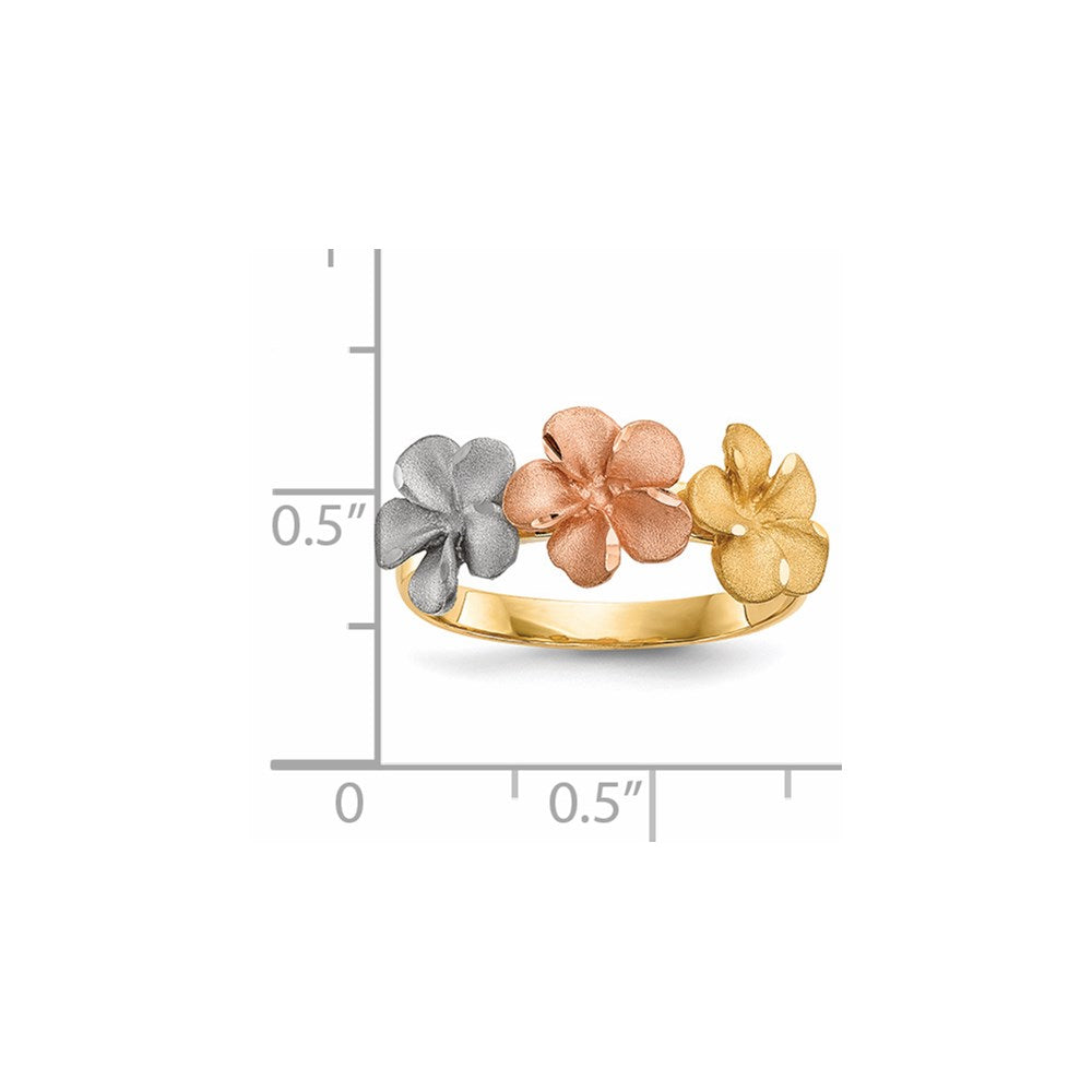 14k Two-tone with White Rhodium Satin Diamond-cut 3-Plumeria Flowers Ring