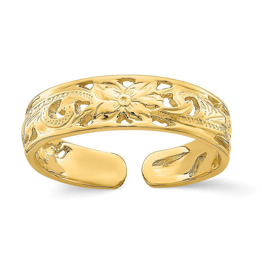 14k Adjustable Flower w/ Leaf Trim Toe Ring