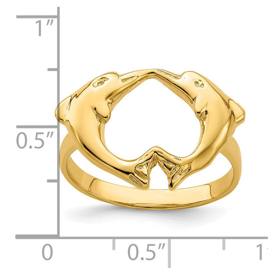14k Polished Dolphins Heart Ring