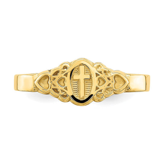 14K Cross Inside Oval with Scroll and Heart Ring