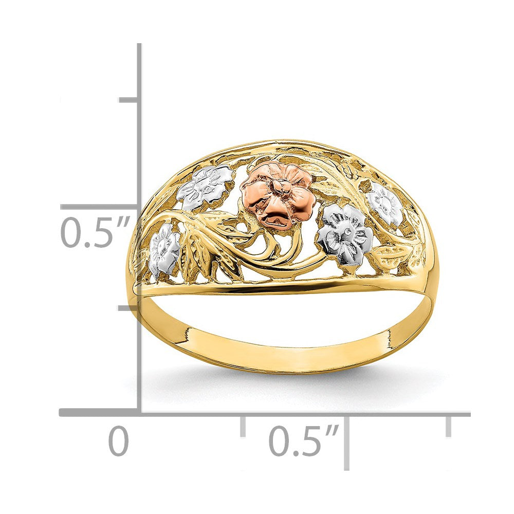 14k Tri-Color with White Rhodium Floral Dome Ring