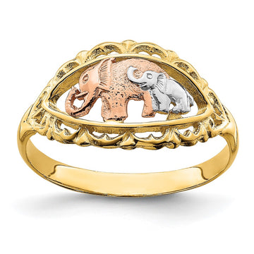 14k Two-tone with White Rhodium Two Elephants Ring