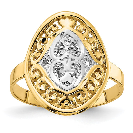 14k and White Rhodium Oval Shield and Hearts Ring