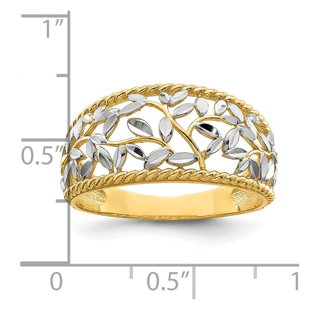 14k and White Rhodium Diamond-cut Filigree Leaf Ring