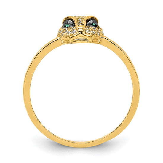 14K Polished Green and White CZ Lioness Head Ring